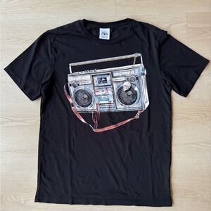 ZARA Black Tee with Vintage Boombox Graphic and Red Strap